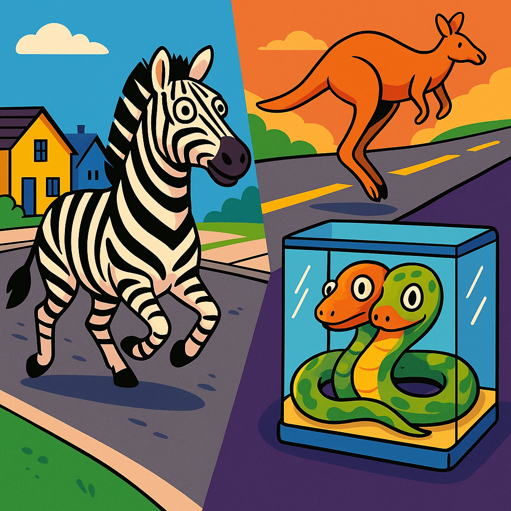 Colorful collage illustration of bizarre 2025 animal news including zebra in a city, kangaroo, and two-headed snake Viral Weird Animal News 2025 – Surreal Collage