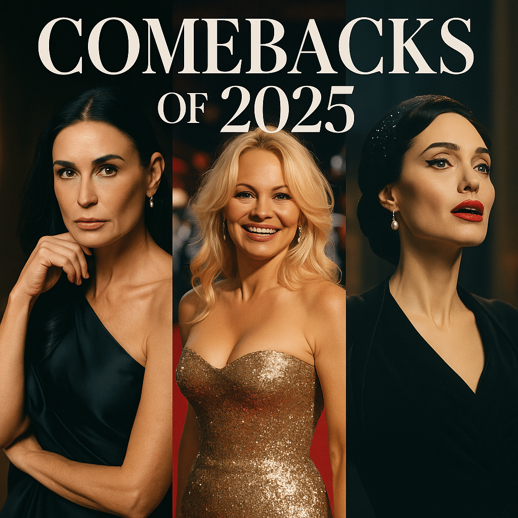 Collage of Demi Moore, Pamela Anderson, and Angelina Jolie symbolizing celebrity comebacks of 2025