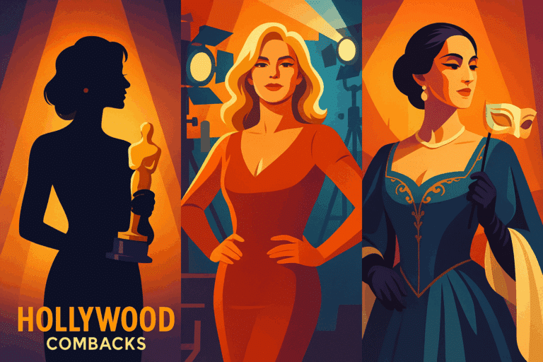 Digital collage of glamorous actress with trophy, confident film star, and elegant opera diva in magazine-style composition