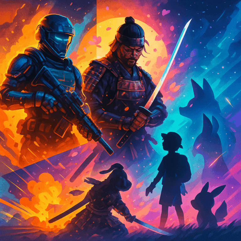 Digital artwork of top 10 upcoming video games to watch in 2025 including a samurai, futuristic soldier, and fantasy adventurer.