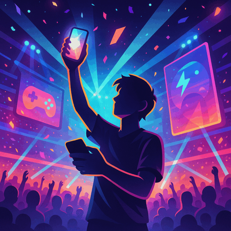 Stylized gamer holding glowing smartphone on esports stage with lights, crowd, and giant screens
