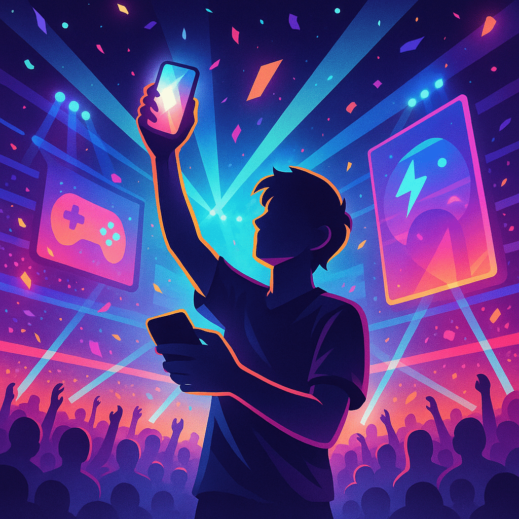 Stylized gamer holding glowing smartphone on esports stage with lights, crowd, and giant screens