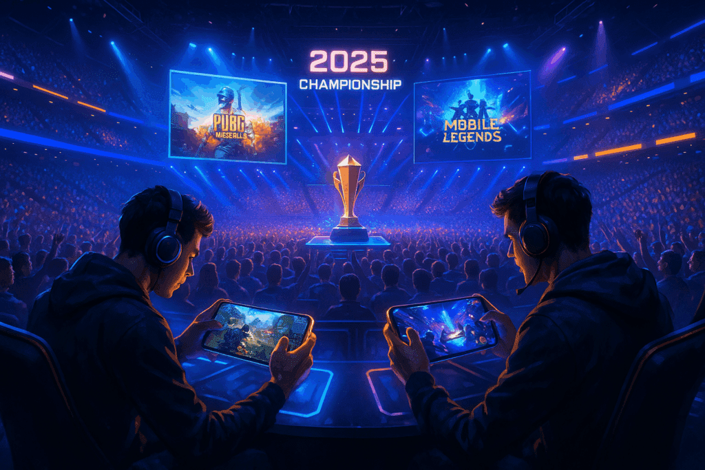 Professional players competing in a packed arena at a mobile esports tournament in 20