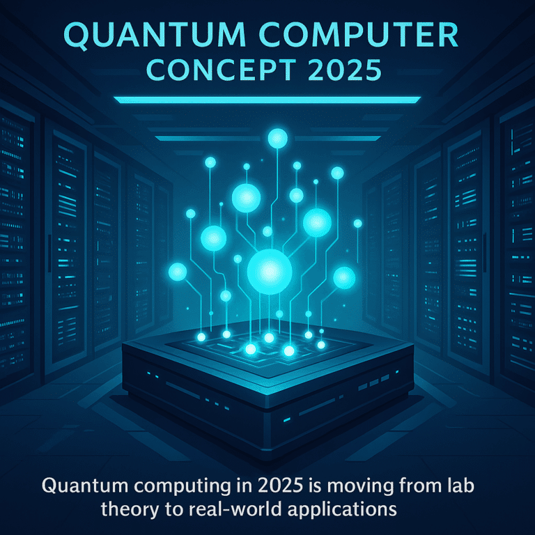 Quantum computing in 2025 - Scientists working on a futuristic quantum computer in a research lab, 2025.