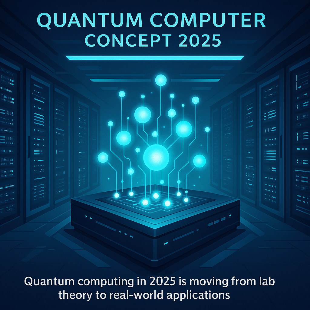 Quantum computing in 2025 - Scientists working on a futuristic quantum computer in a research lab, 2025.