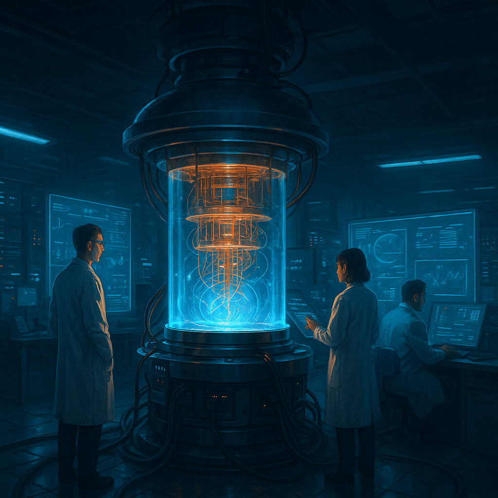 Scientists working on a futuristic quantum computer in a research lab, 2025. Quantum Computing in 2025