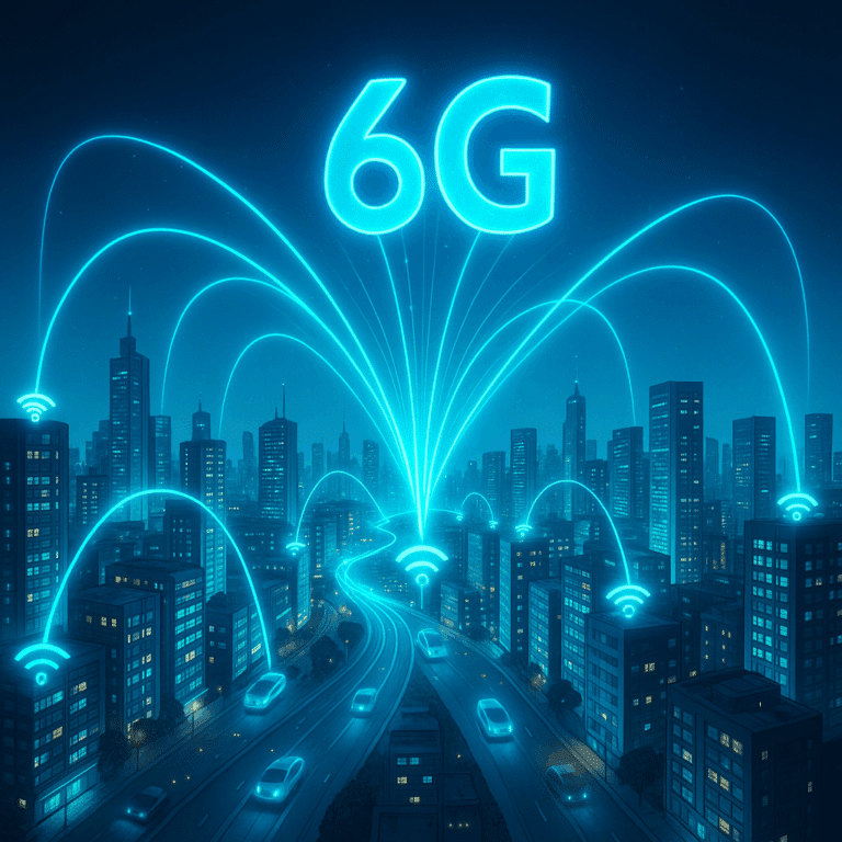 Digital illustration of a futuristic smart city with glowing 6G signal waves.