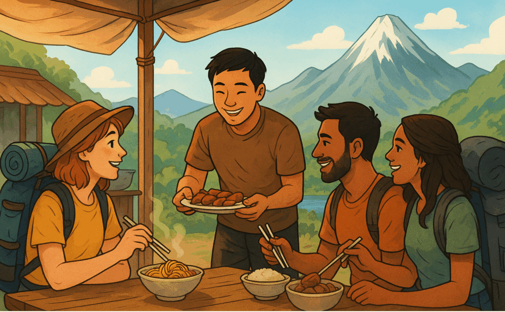 Backpackers enjoying budget travel destinations 2025 with local food and scenic views