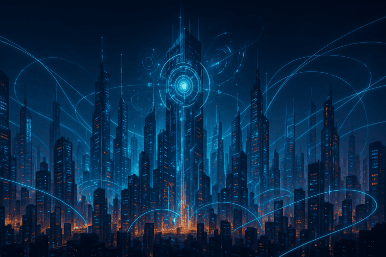 A futuristic city skyline illuminated by AI-powered holographic data streams.