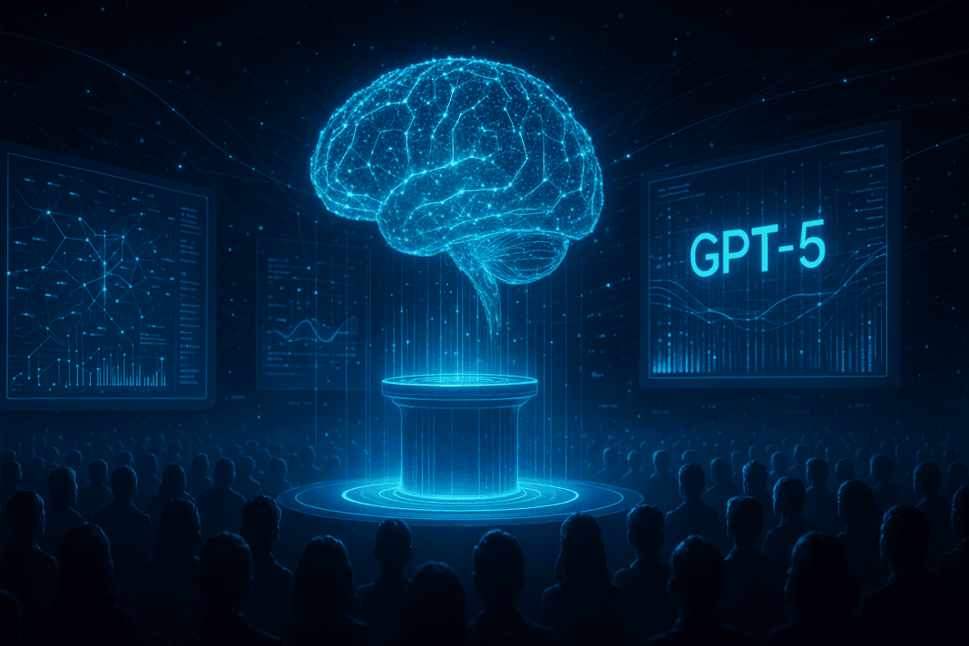 A glowing AI brain hologram projected on stage during a futuristic GPT-5 launch scene.