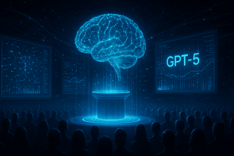 A glowing AI brain hologram projected on stage during a futuristic GPT-5 launch scene.