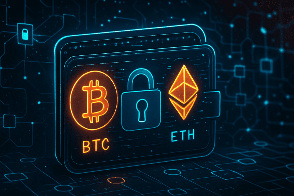 Global Cryptocurrency and Blockchain Network - A digital globe made of blockchain chains with Bitcoin and Ethereum icons orbiting around it.