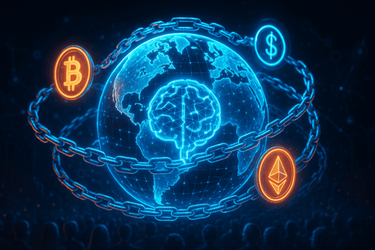 A digital globe made of blockchain chains with Bitcoin and Ethereum icons orbiting around it.