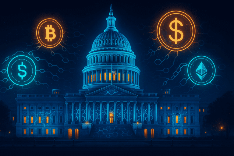 Futuristic illustration of SEC crypto regulation with a U.S. government building and blockchain symbols.
