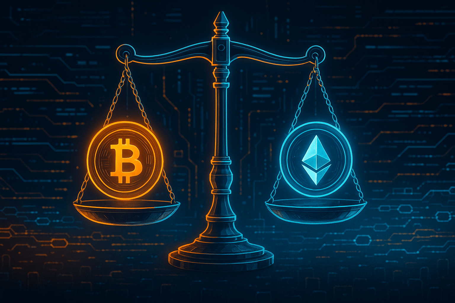 Scales of justice with Bitcoin and Ethereum icons representing SEC crypto regulation.
