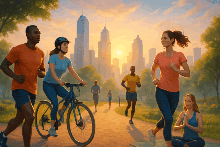 People exercising outdoors in a city park, representing physical activity and wellness.