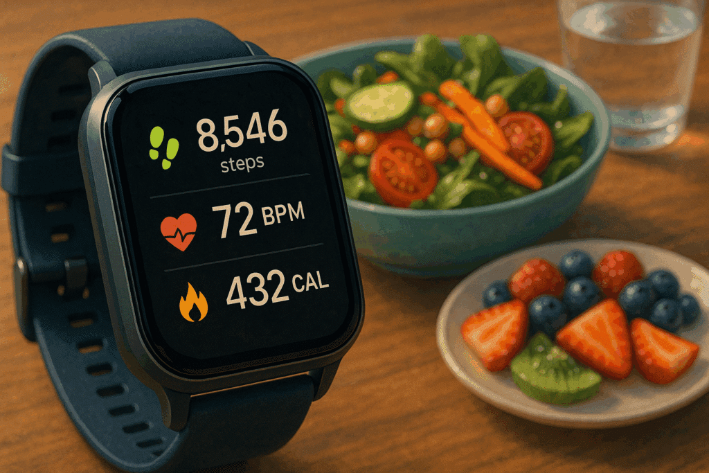 A smartwatch fitness tracker and healthy meal symbolizing physical activity and wellness.