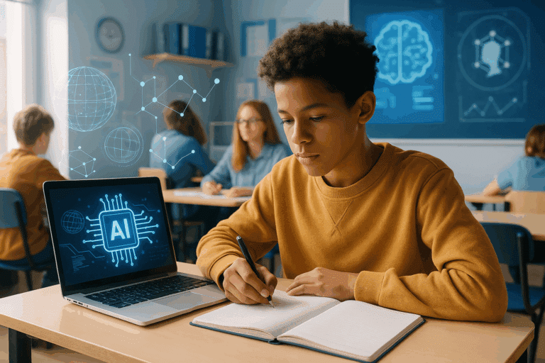 Student writing at a desk with a laptop and technology representing AI in education