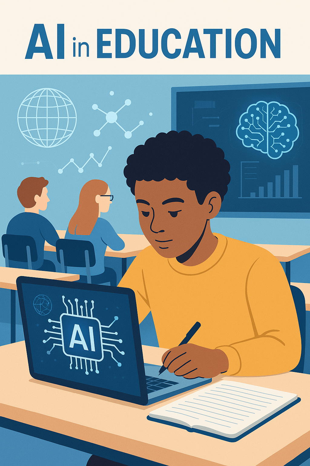 Illustration of a student using AI in education with a laptop and digital classroom elements
