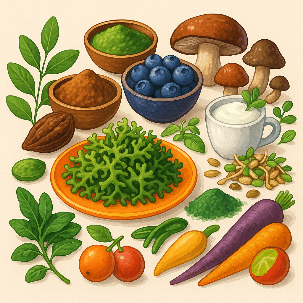 Colorful superfoods 2025 including sea moss, moringa, blueberries, cacao, mushrooms, kefir, sprouted seeds, spirulina, rainbow vegetables, and camu camu arranged together for immune health