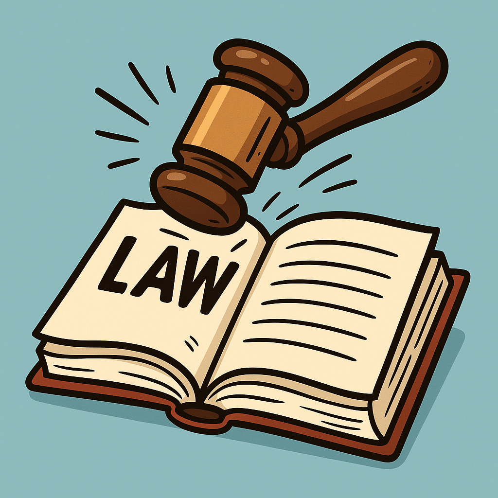 A cartoon gavel striking an open law book