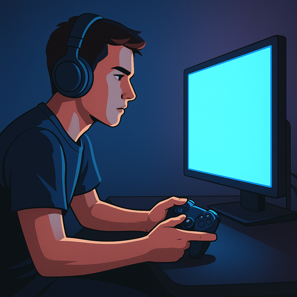 Young gamer playing video games on a computer with headphones