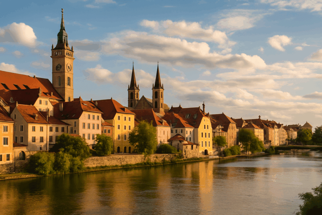 Old town architecture with historic buildings and a river