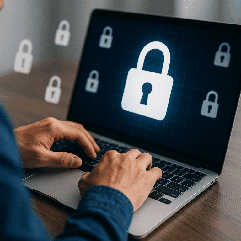 Person using a laptop with digital padlock symbols
