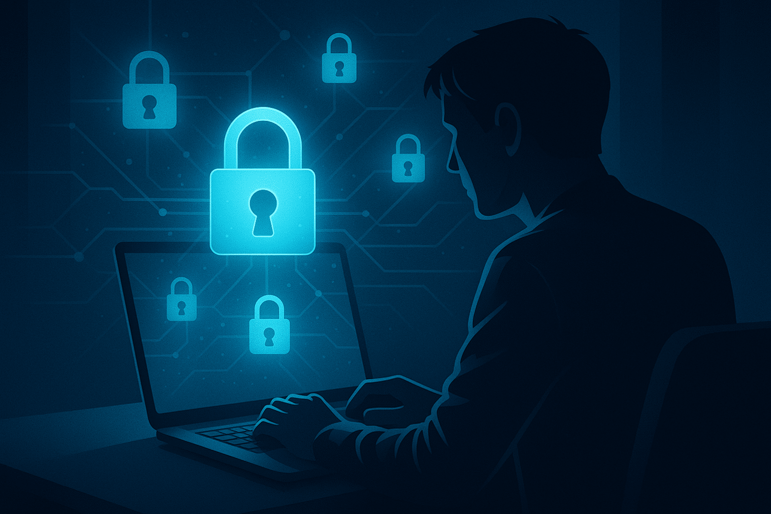 Person using a laptop with padlock icons symbolizing online privacy