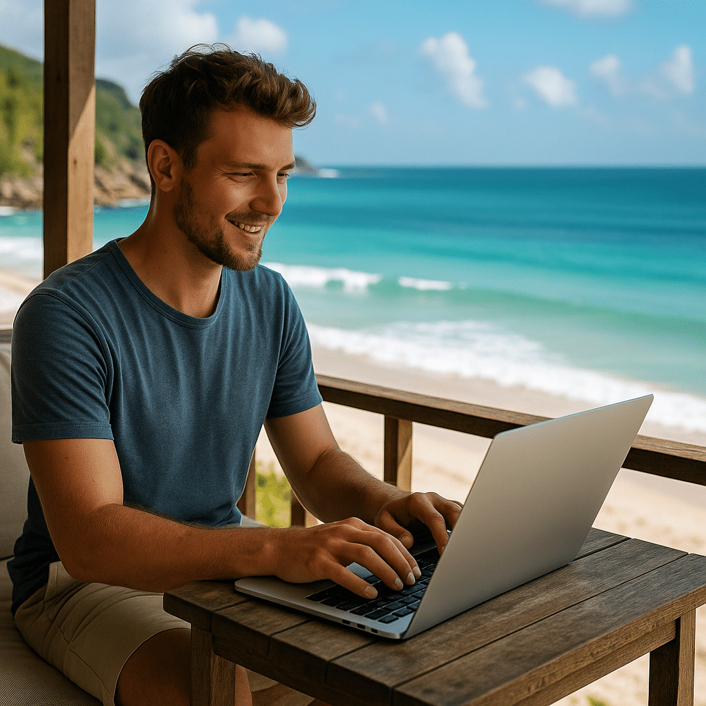 Digital Nomad working remotely on a laptop in a scenic travel destination