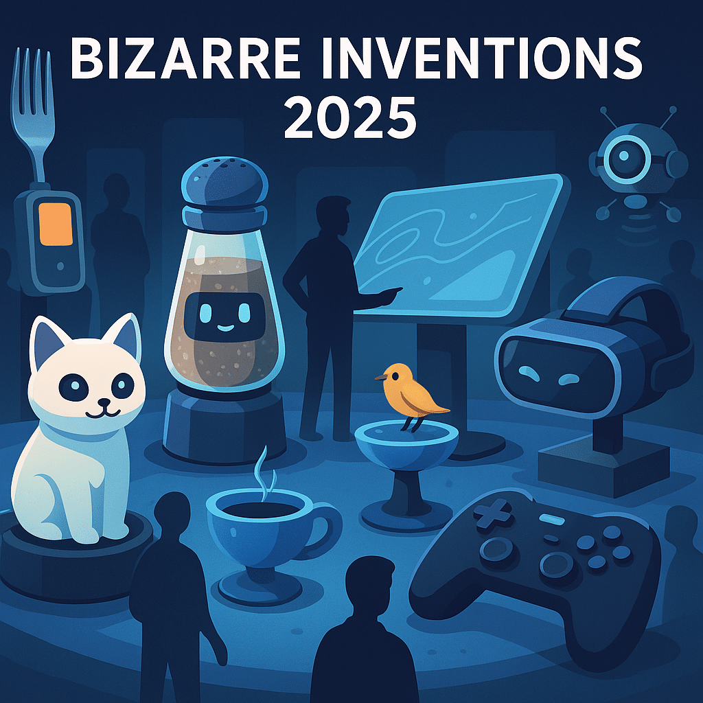 Bizarre Inventions displayed at a futuristic tech exhibition