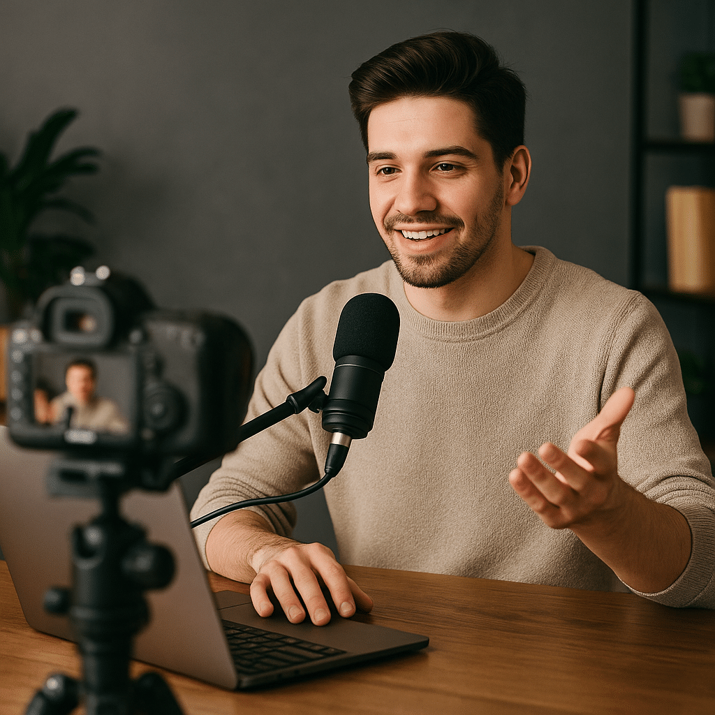 Content creator with camera filming in a studio