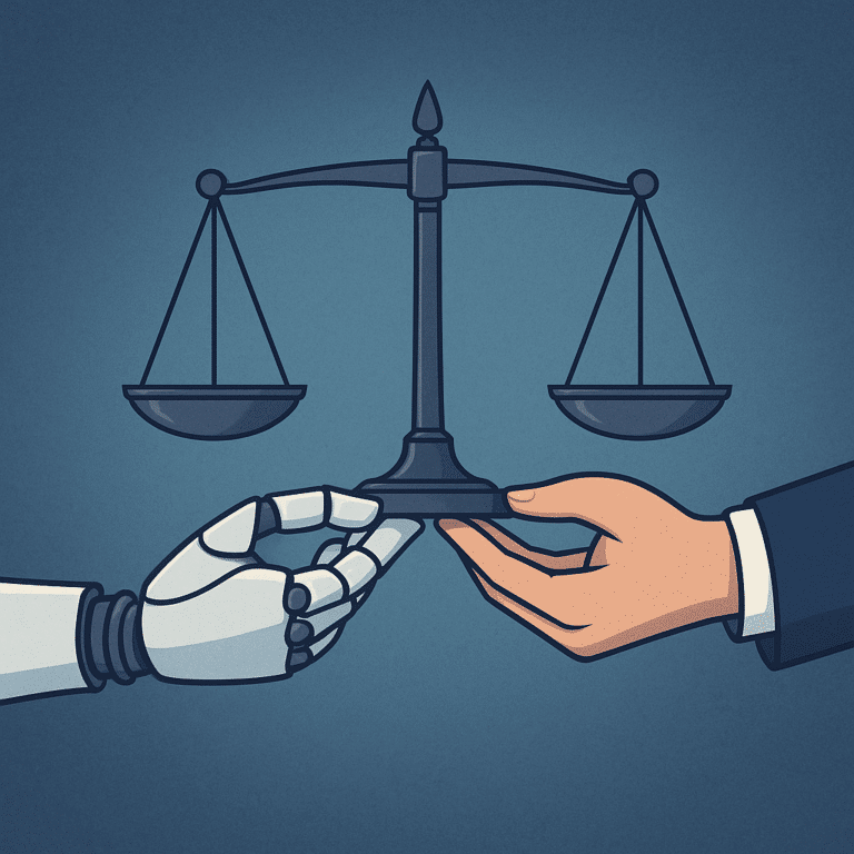 Robot hand and human hand holding a balance scale of justice
