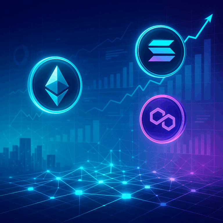 Futuristic illustration symbolizing the future of Bitcoin and DeFi in 2025 with Ethereum, Solana, and Polygon tokens glowing above a blockchain network
