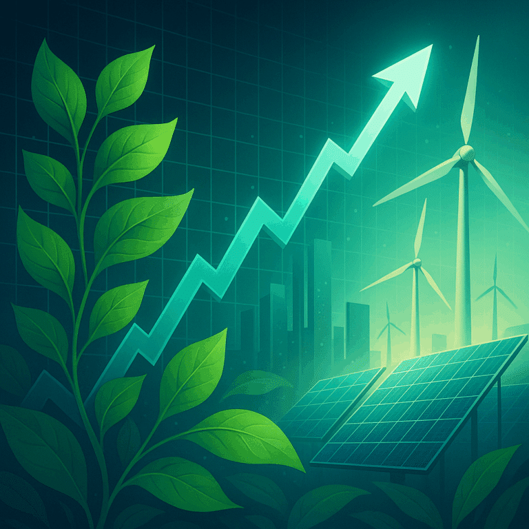 Futuristic collage of stock market growth mixed with green leaves, solar panels, and wind turbines