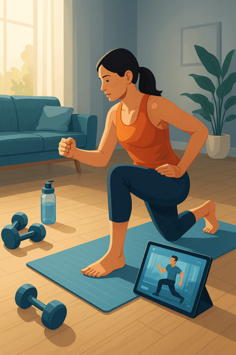Person doing a home workout while following an exercise on a fitness app on a tablet