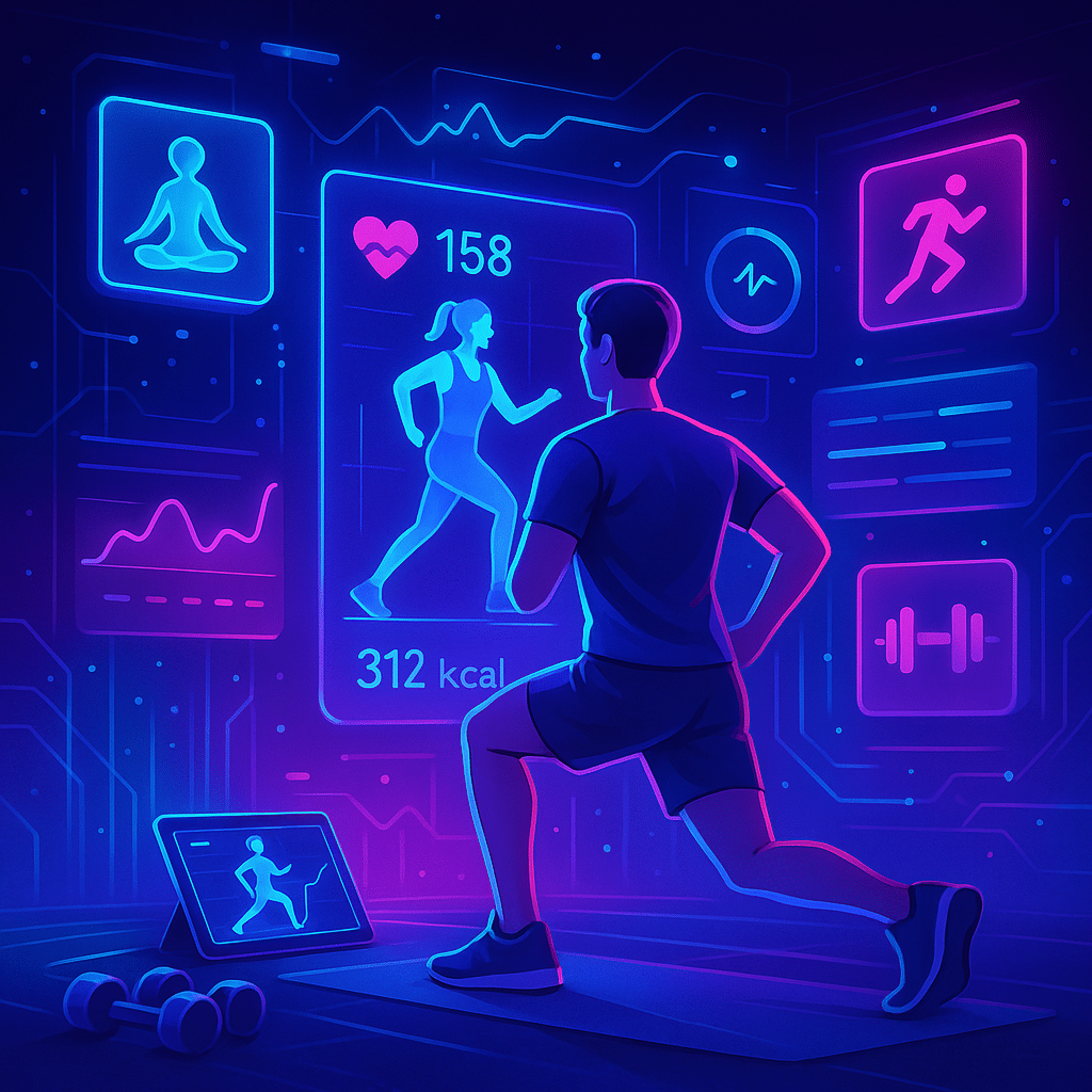 Futuristic illustration of fitness apps in 2025 with holographic workout data and digital training icons