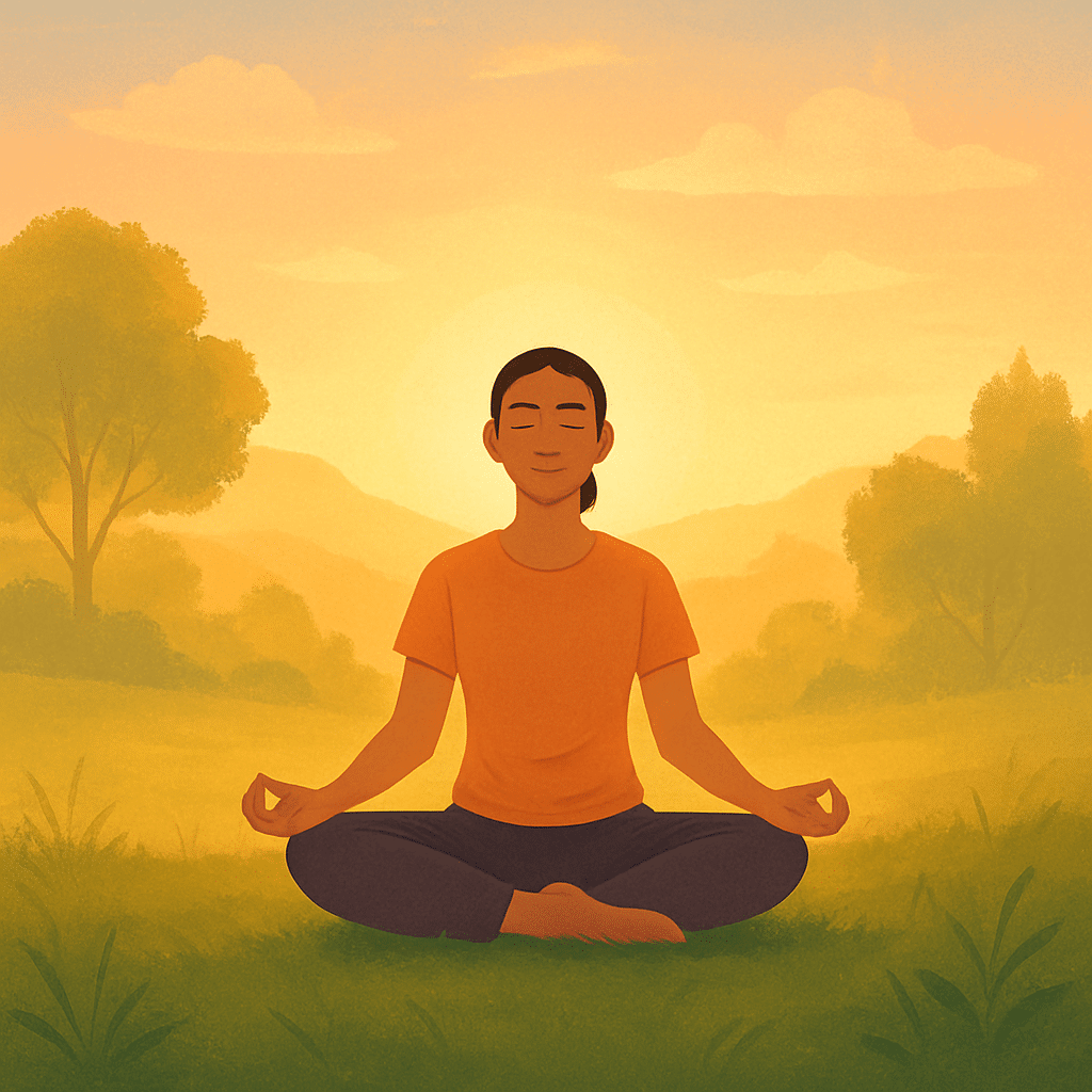 Person practicing mindfulness meditation outdoors at sunrise