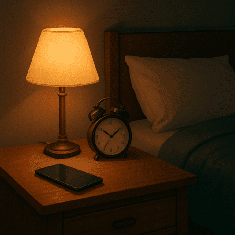 Cozy dimly-lit bedroom with phone turned off and an alarm clock on the nightstand