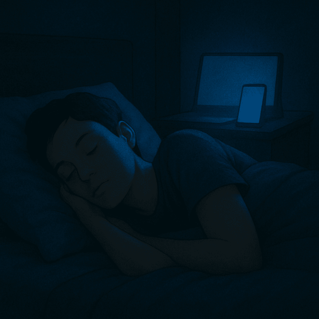 Science of sleep concept showing a person sleeping peacefully with faint digital light in the background