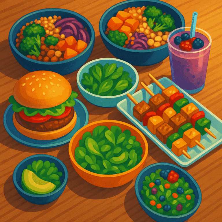 Assorted colorful plant-based meals including a veggie burger, salad, and bowls on a table