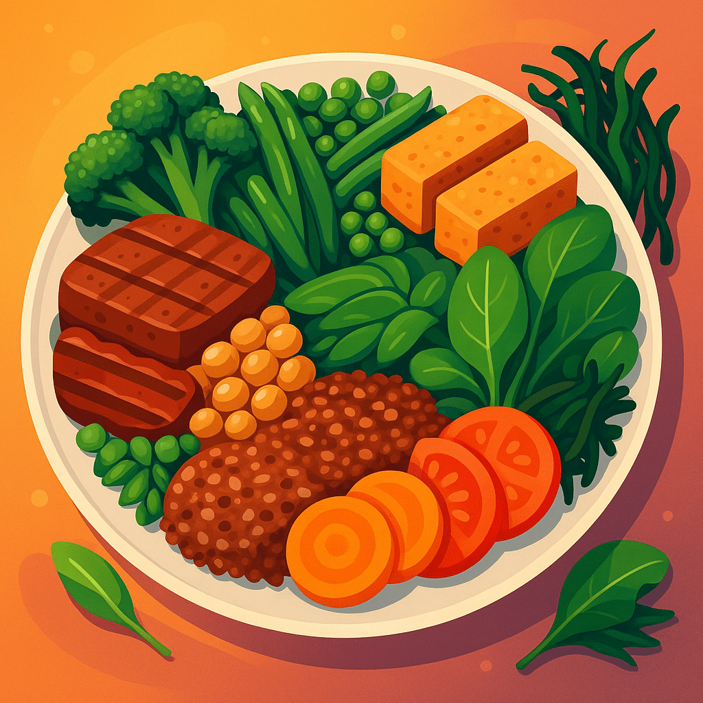 Plate of plant-based foods in 2025, including vegetables, legumes, tofu, seaweed, and plant-based meat alternatives
