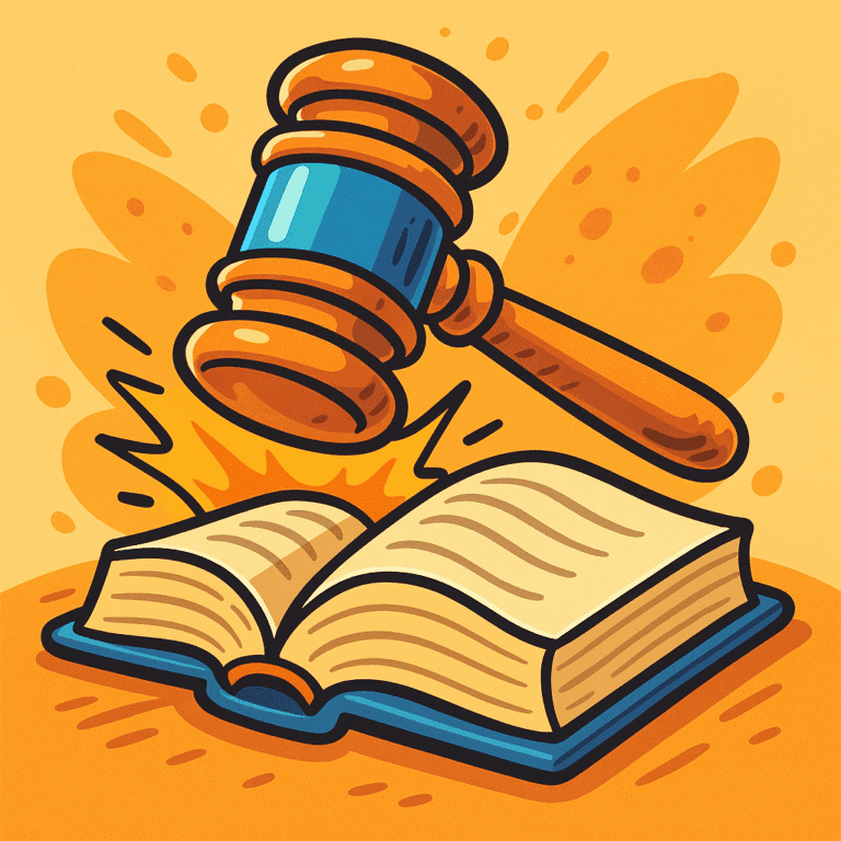 Cartoon-style illustration of a gavel hitting an open law book, symbolizing strange global laws