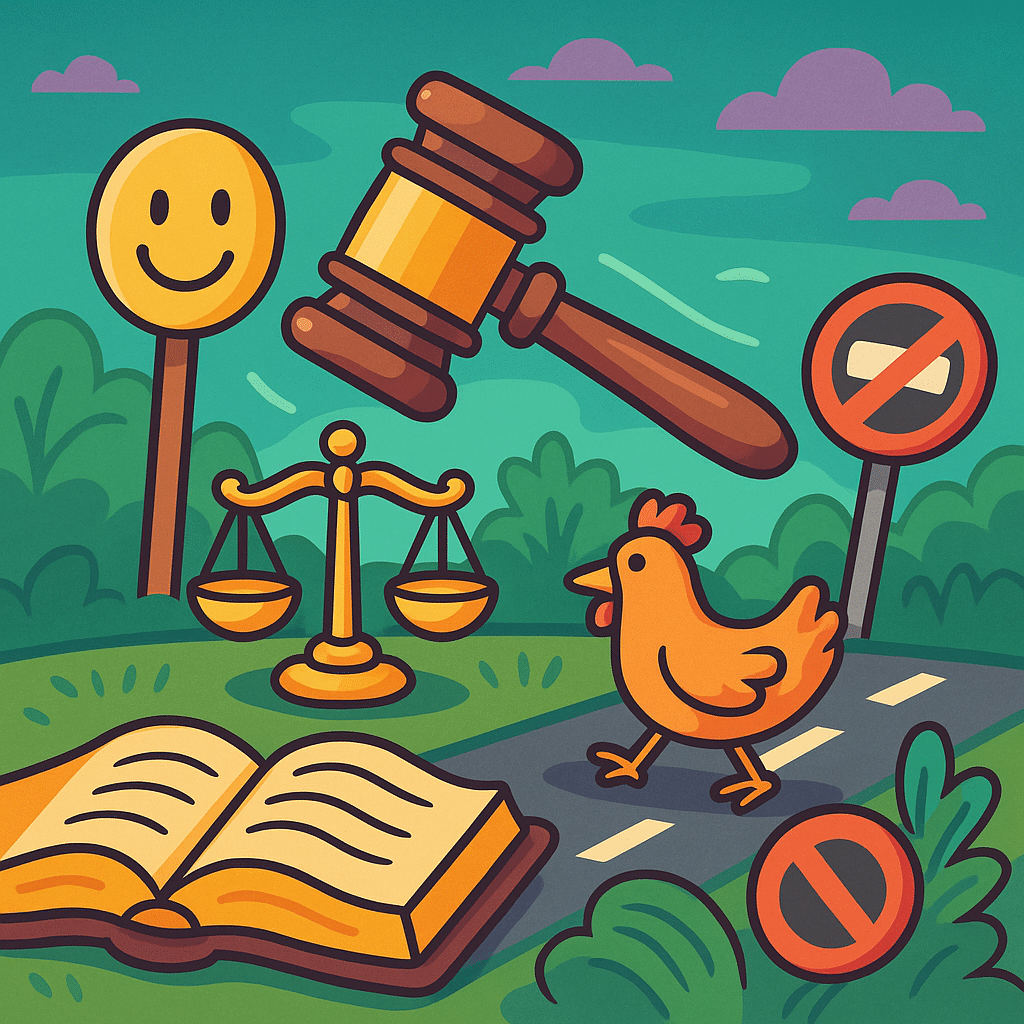 Weird laws illustrated with humorous symbols like a chicken, smile sign, and justice scale