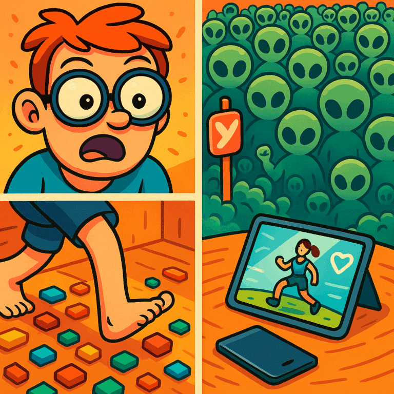 Collage of weird 2025 world records – eyeball pop, running on LEGO bricks, crowd of people in alien costumes