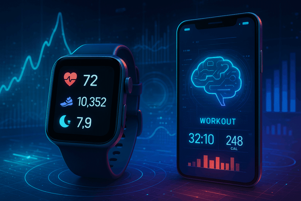 Smartwatch and fitness app visuals showing personalized workouts and fitness trends 2025.