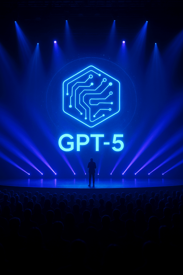 Színpadon előadó mutatja be a GPT-5 mesterséges intelligencia fejlesztést látványos kék fények között