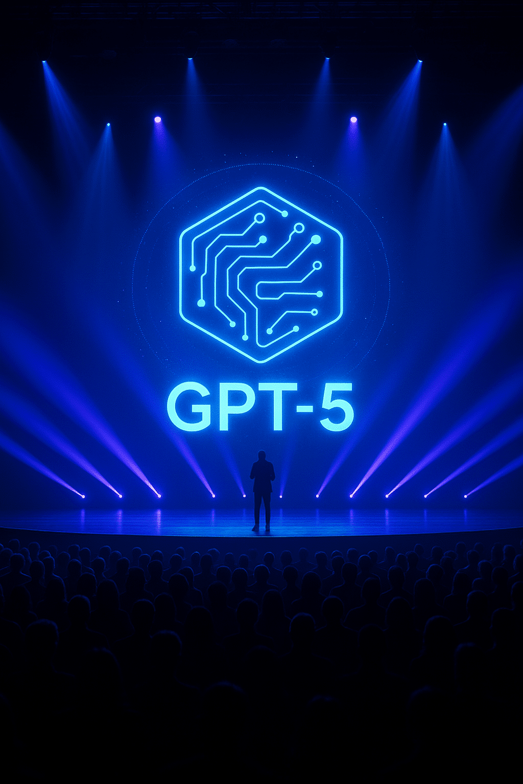 Színpadon előadó mutatja be a GPT-5 mesterséges intelligencia fejlesztést látványos kék fények között