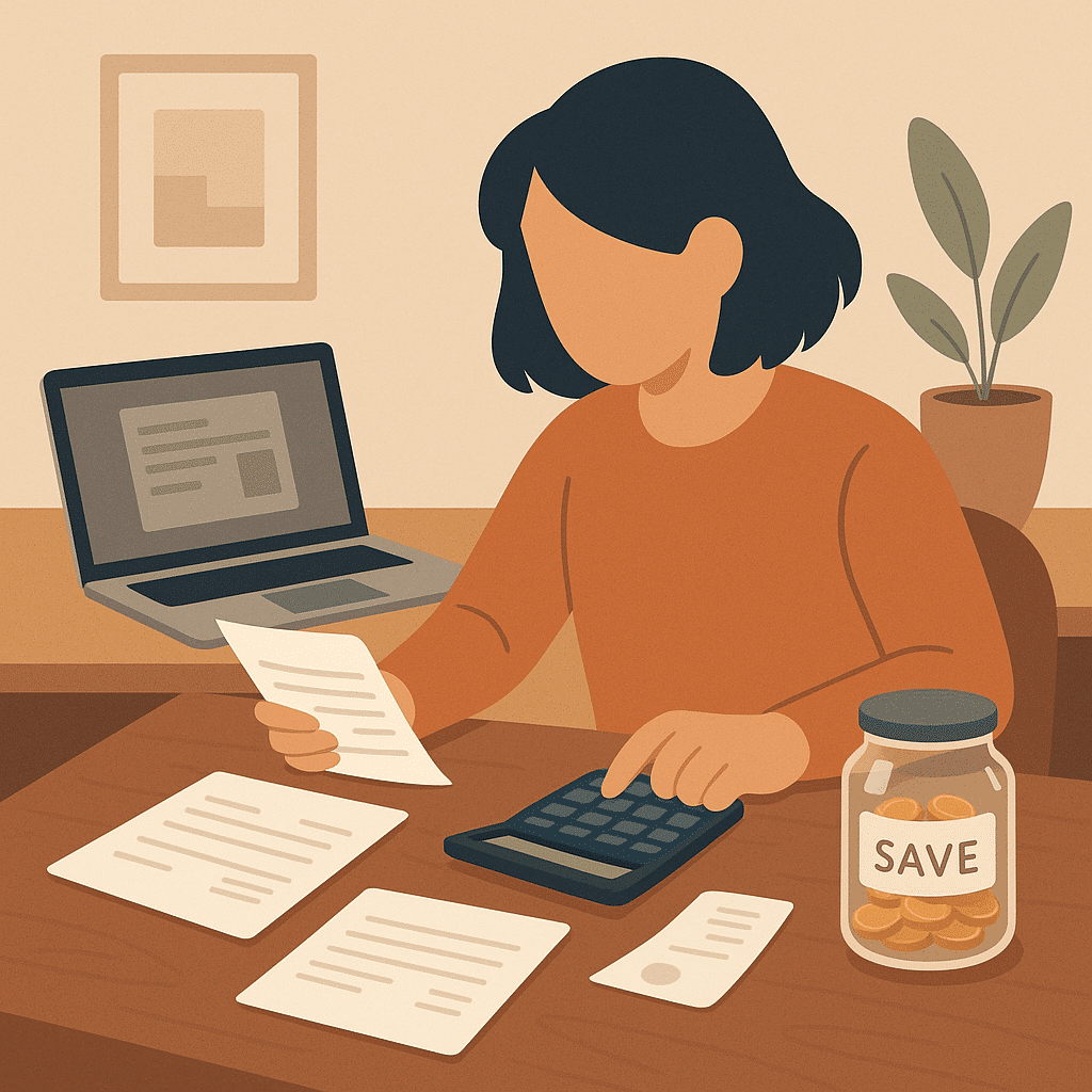 Nő egy asztalnál ül, laptopot és számológépet használ, mellette pénzgyűjtő üveg „SAVE” felirattal – a személyes költségvetés létrehozása és fenntartása szemléltetve