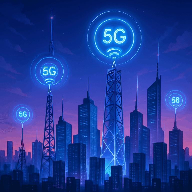 5G vs 6G – futurisztikus város felett világító bázisállomások és jelikonok, mobilhálózati fejlődést bemutató illusztráció